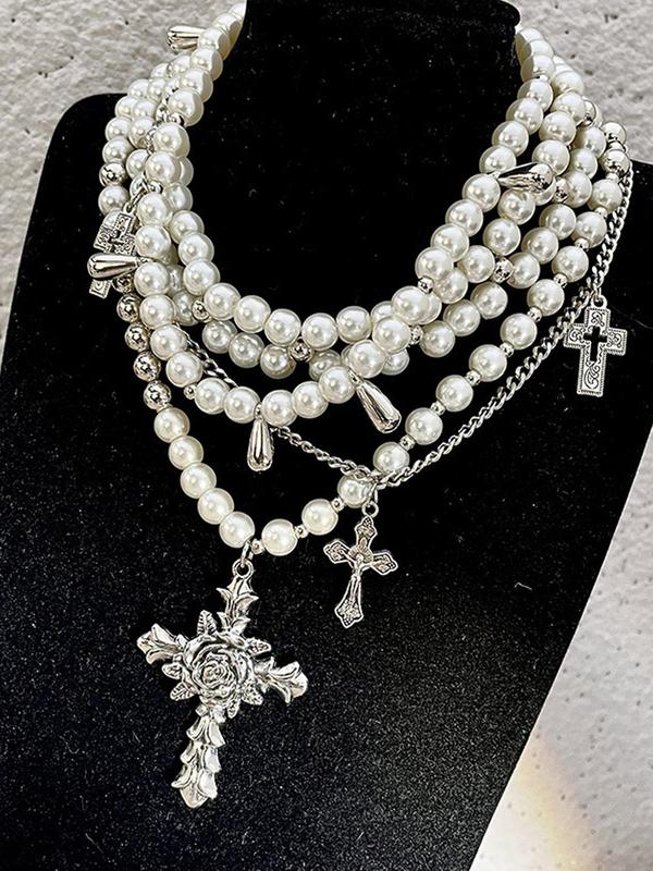 Women's Elegant Faux Pearl Decorated Layered Necklace, Vintage Trendy Cross Pendant Necklace, Chic Jewelry As Gift for Girlfriend