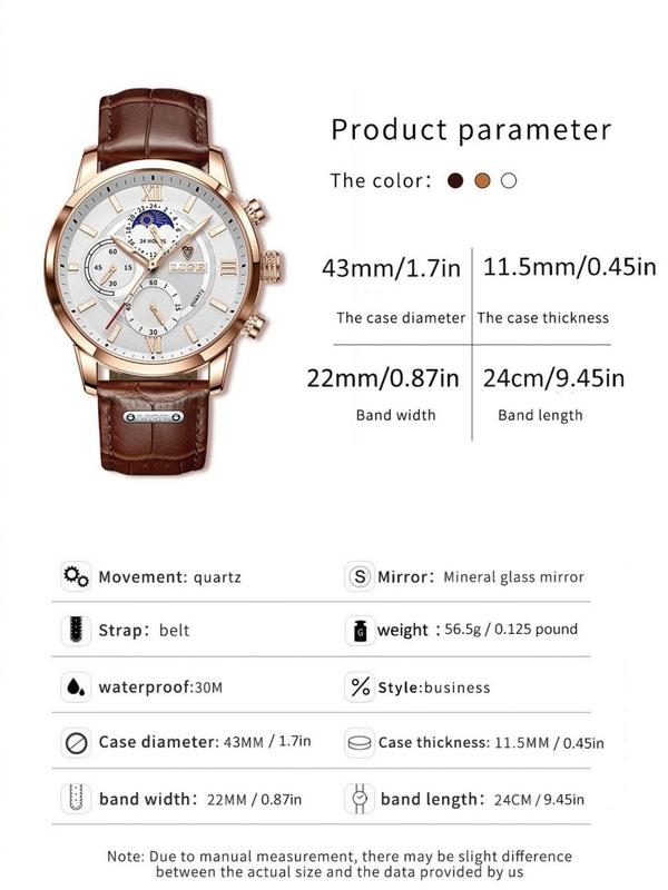 Men's 2024 Business Fashion Round Dial Analog Quartz Watch for Men, Pu Leather Strap Watch, Perfect Gifts for Bf, Dad, Brother Back To School, with Box, Fall Outfits, Earthtone Fall Freshness Fall