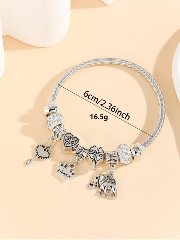 Cute Elephant & Heart & Crown & Key & Four Leaf Clover Charm Bangle, Fashion Jewelry for Party, Daily Clothing Decor, Trendy All-match & Exquisite Jewelry for Birthday Gift