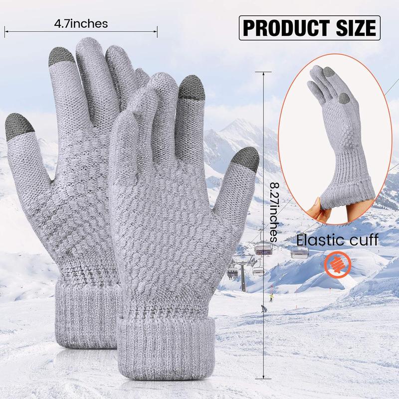 2 Pairs Women's Winter Touchscreen Gloves Warm Fleece Lined Knit Gloves Elastic Cuff Winter Texting Gloves