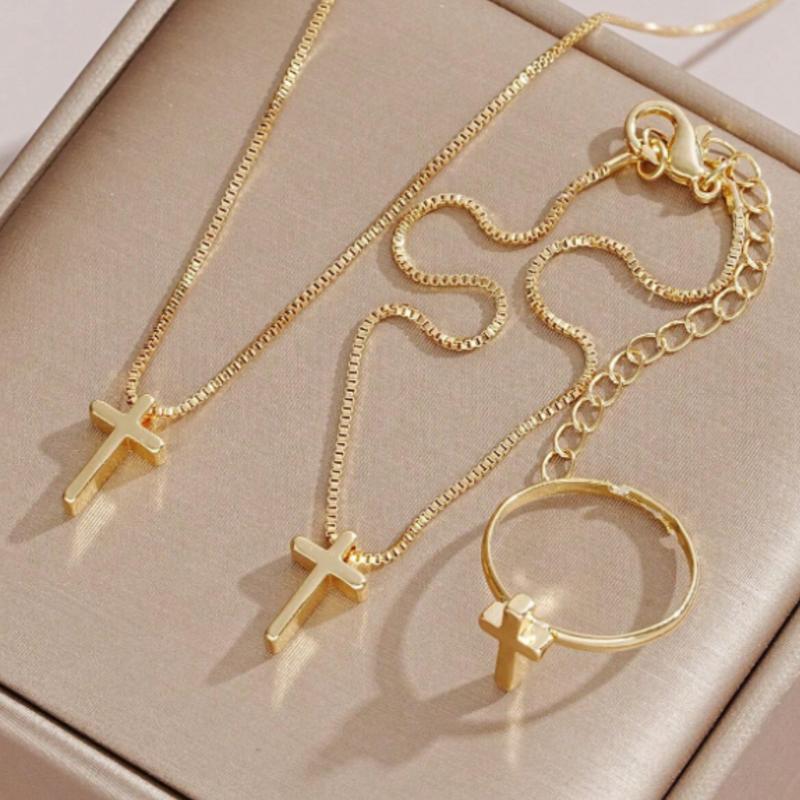 Set of 3 necklaces, rings and cross bracelets for women