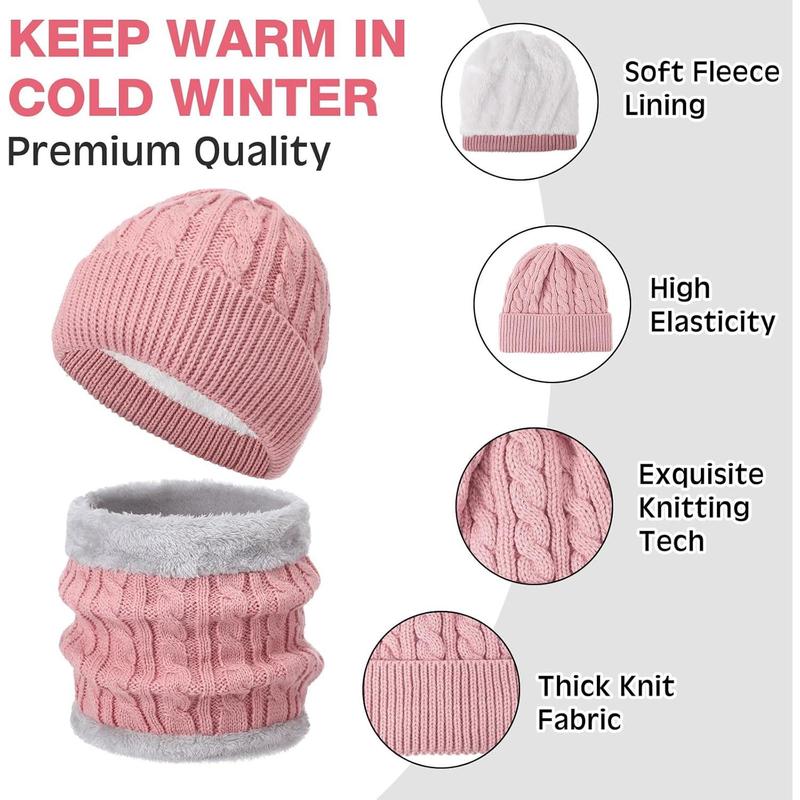 4count Winter Hat Scarf Gloves and Ear Warmers Set, Fleece Lined Knit Hat Scarf Touch Screen Gloves for Women Girl