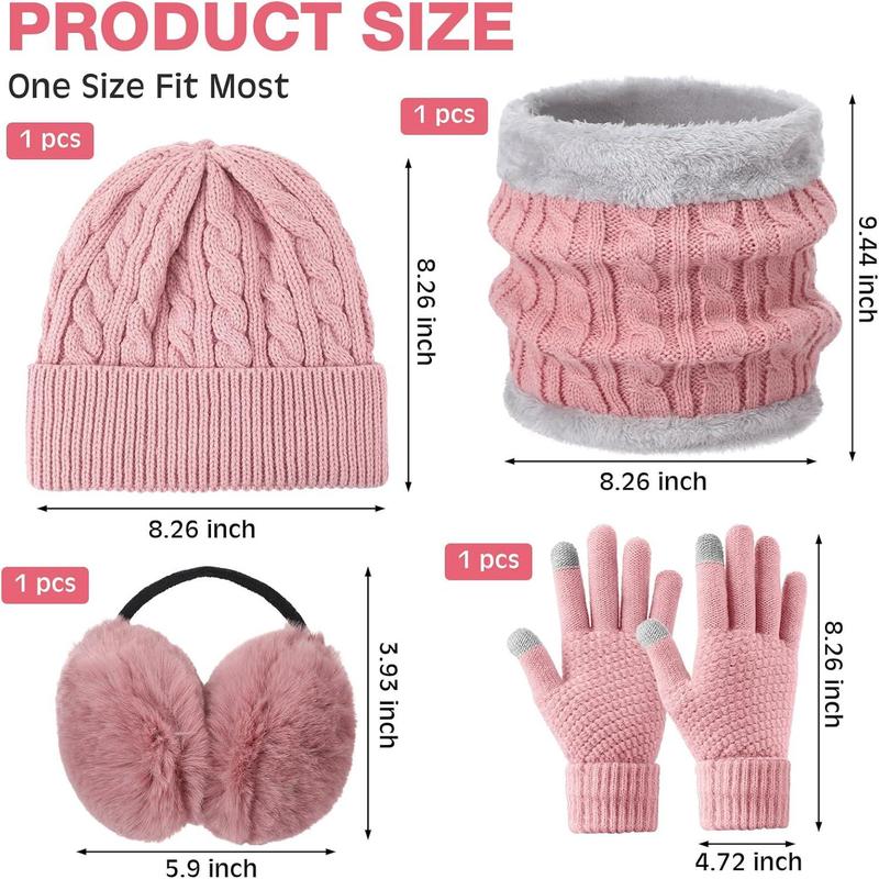 4count Winter Hat Scarf Gloves and Ear Warmers Set, Fleece Lined Knit Hat Scarf Touch Screen Gloves for Women Girl