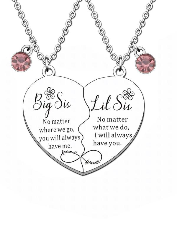 Big Sis Little Sis Letter Pattern Heart Shaped Pendant Necklaces, Rhinestone Decor Necklaces for Sister, Fashion Jewelry Accessories for Women As Gift