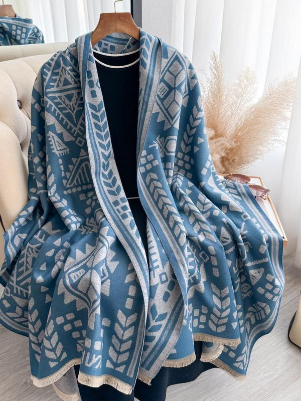 Women's All Over Geometric Print Double Sided Thickened Shawl, Casual Soft Warm Long Scarf for Fall & Winter, Fashion Accessories for Daily Wear