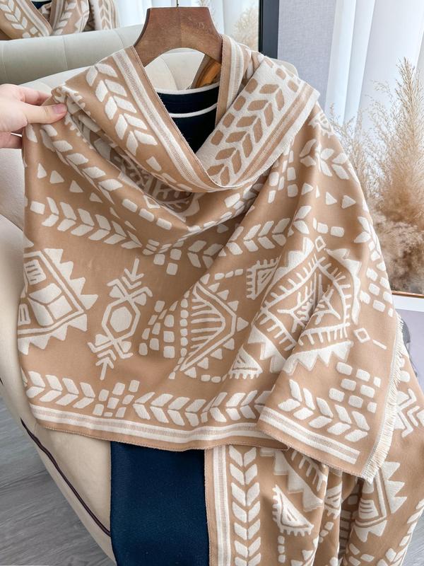 Women's All Over Geometric Print Double Sided Thickened Shawl, Casual Soft Warm Long Scarf for Fall & Winter, Fashion Accessories for Daily Wear