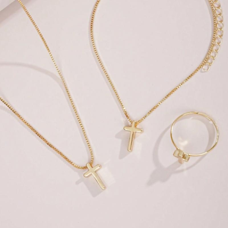 Set of 3 necklaces, rings and cross bracelets for women