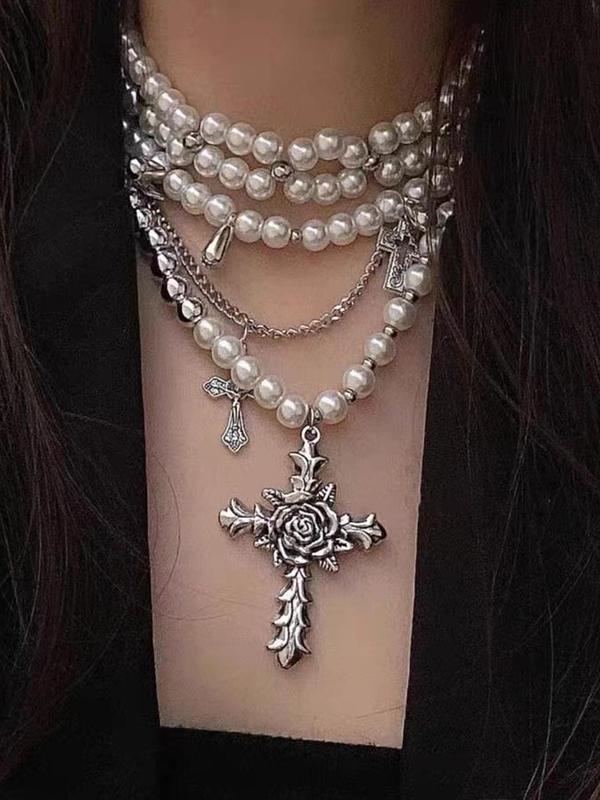 Women's Elegant Faux Pearl Decorated Layered Necklace, Vintage Trendy Cross Pendant Necklace, Chic Jewelry As Gift for Girlfriend