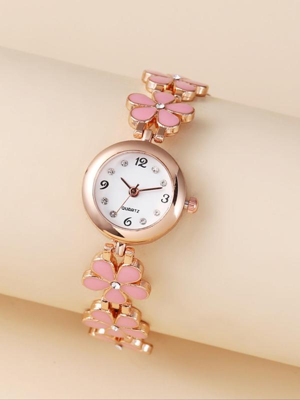 Women's Elegant Flower Design Quartz Watch, Fashionable Rhinestone Decor Analog Watch for Women & Girls, Trendy All-match Watch As Gift without Box