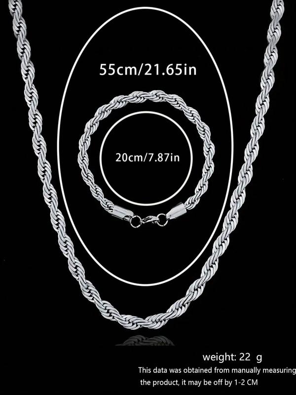 Simple Classic Stainless Steel Rope Chain Necklace & Bracelet (1 Set), Fashion Jewelry for Party, Daily Clothing Decor, Trendy All-match & Exquisite Jewelry for Birthday Gift