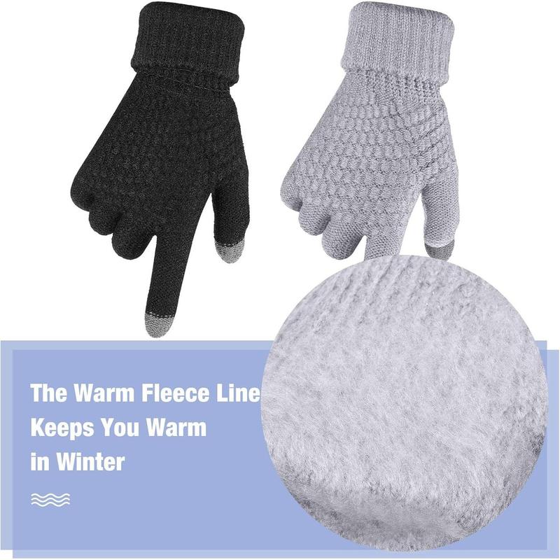 2 Pairs Women's Winter Touchscreen Gloves Warm Fleece Lined Knit Gloves Elastic Cuff Winter Texting Gloves