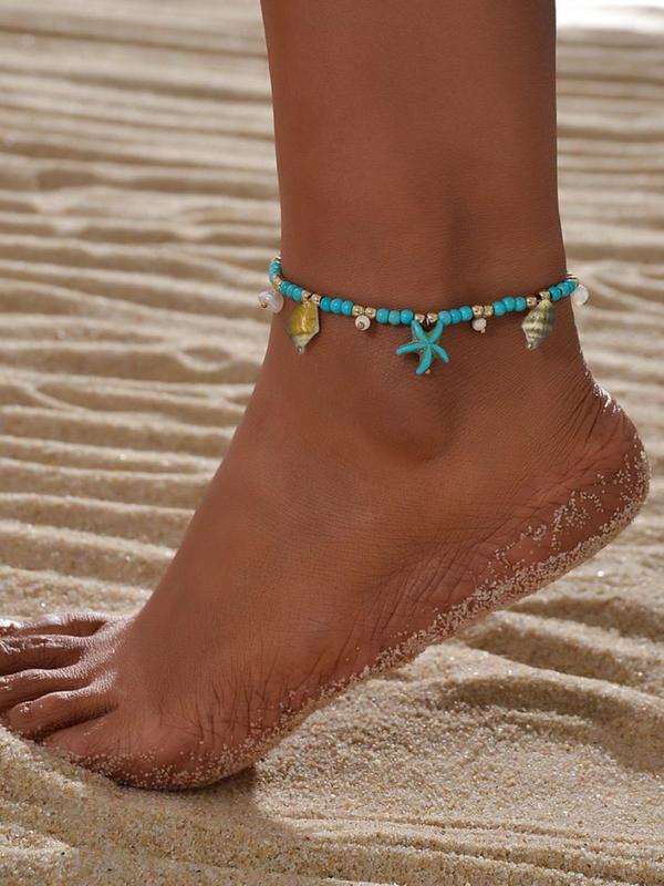 Starfish & Shell Decor Beaded Anklet for Women & Girls, Fashion Jewelry for Party, Daily Clothing Decor, Trendy All-match & Exquisite Jewelry for Birthday Gift