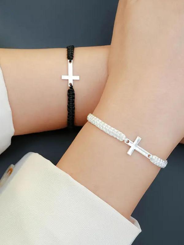 Simple Cross & Braided Design Link Couple Bracelet, Fashion Accessories for Both Men & Women, Daily Clothing Decor, Summer Trendy All-match & Exquisite Jewelry for Birthday Gift