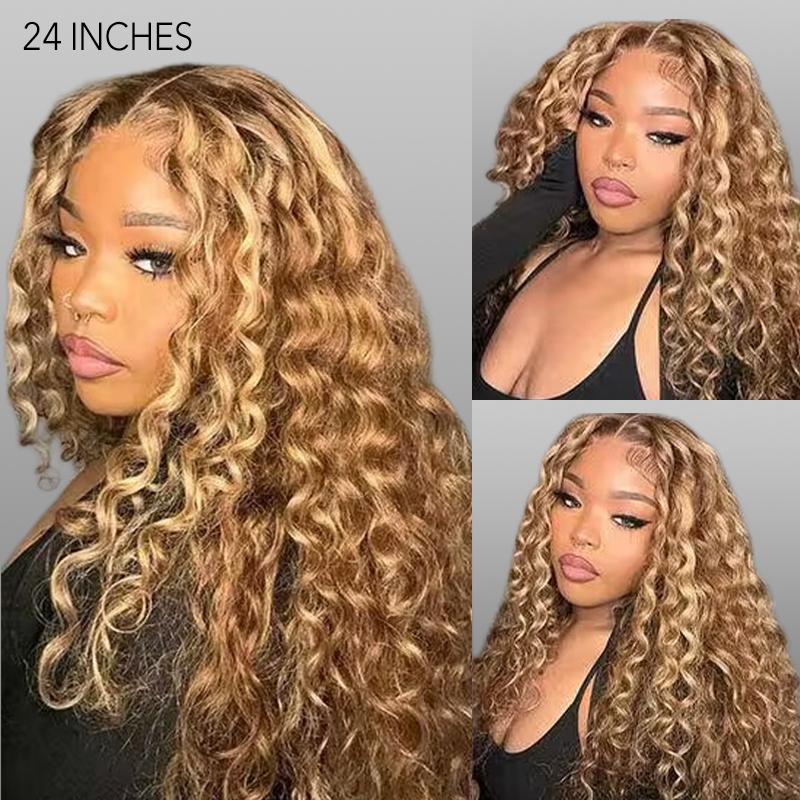 Wavymy Wear Go Glueless Pre Bleached Knots Wig Honey Blonde Highlight Water Wave Wig Minimalist 4x6 Pre-cut Pre-plucked Hairline Lace Wig 100% Human Hair