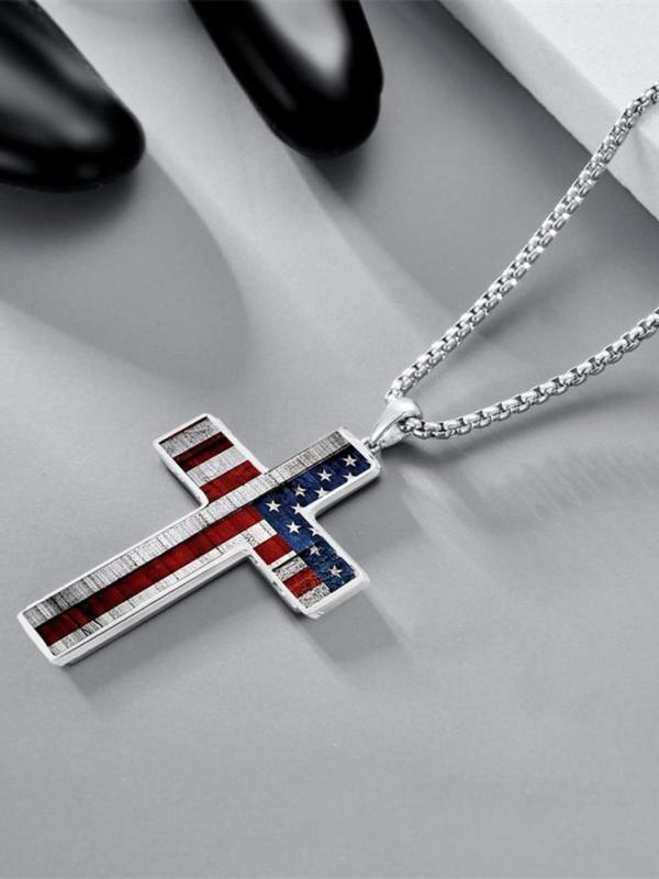 Flag Pattern Pendant Necklace for Men & Women, Fashion Cross Necklace for Party, Daily Clothing Decor, Trendy All-match & Exquisite Jewelry for Birthday Gift