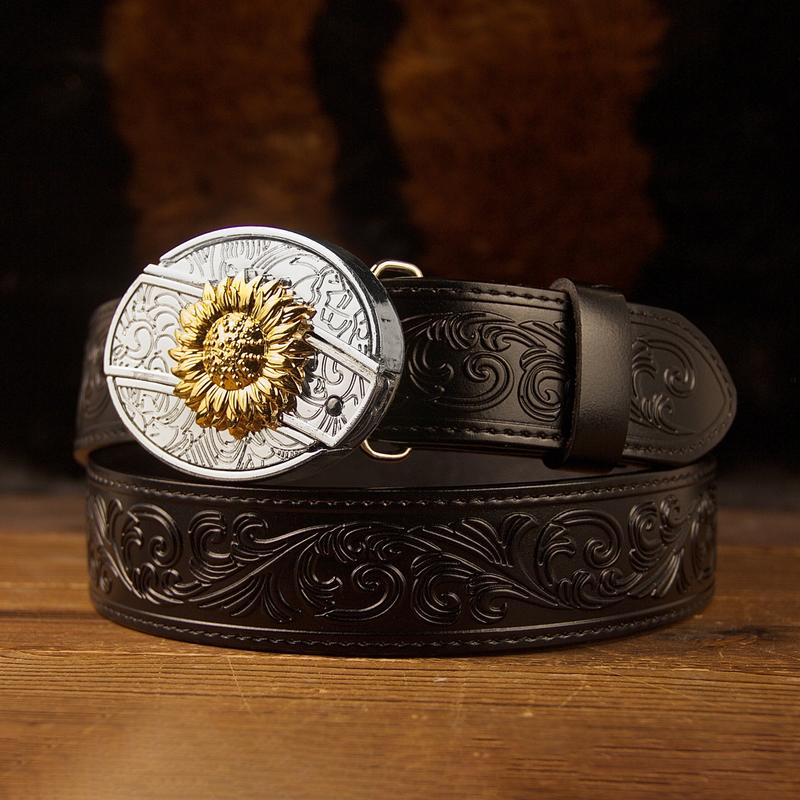 Black Leather Printed Belt and Two-color gold and silver oval removable western cowboy cowgirl Buckle Costume Decoration