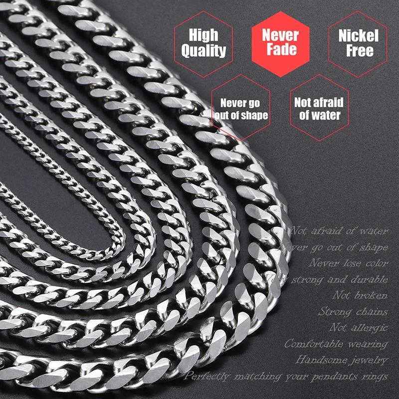 3 5 7 9 11mm Men's Silver Color Necklace Stainless Steel Cuban Link Chain For Mens Womens Basic Chokers 18-30inch