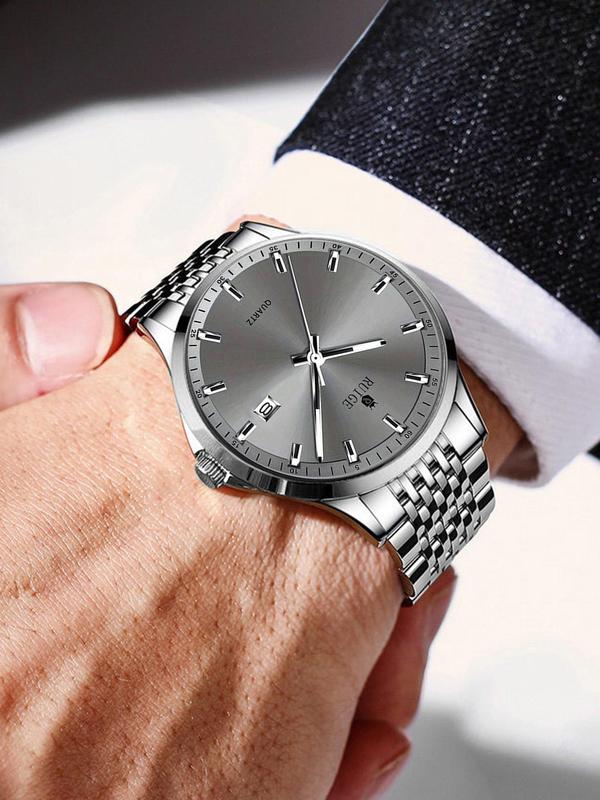 Men's Business Simple Stainless Steel Strap Waterproof Analog Quartz Watch, Fashion Watch for Clothing Decor, Trendy  Exquisite Watch for Gift with Box