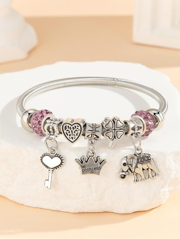 Cute Elephant & Heart & Crown & Key & Four Leaf Clover Charm Bangle, Fashion Jewelry for Party, Daily Clothing Decor, Trendy All-match & Exquisite Jewelry for Birthday Gift