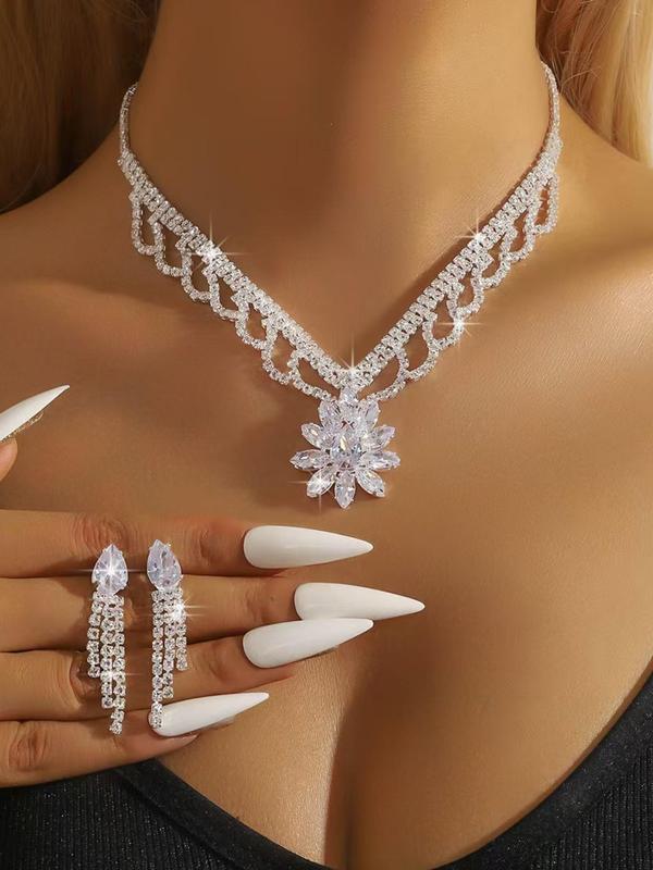 Elegant Rhinestone Decorated Jewelry Set, Exquisite Trendy Pendant Necklace & Dangle Earrings & Bracelet, Chic Jewelry Set for Party Decoration