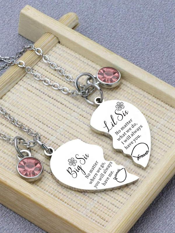 Big Sis Little Sis Letter Pattern Heart Shaped Pendant Necklaces, Rhinestone Decor Necklaces for Sister, Fashion Jewelry Accessories for Women As Gift