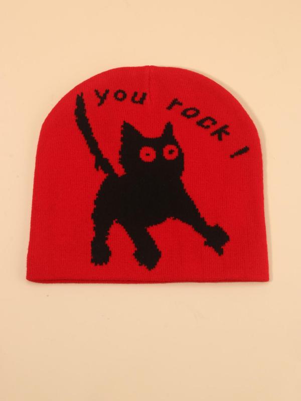 Cute Cat Pattern Beanie Hat, Street Style Letters Print Knit Beanie Hat for Fall & Winter, Warm Stylish All-match Accessories for Men & Women