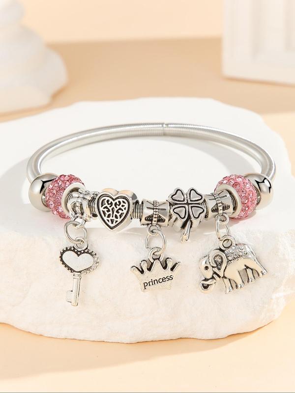 Cute Elephant & Heart & Crown & Key & Four Leaf Clover Charm Bangle, Fashion Jewelry for Party, Daily Clothing Decor, Trendy All-match & Exquisite Jewelry for Birthday Gift