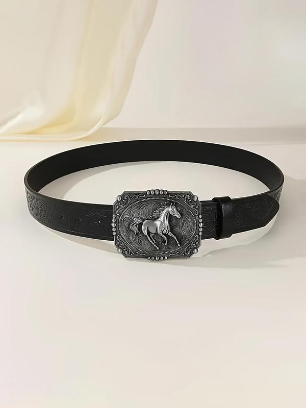 Vintage Western Cowboy Style Horse Design Buckle Belt, Fashionable Embossed Decor Belt for Men & Women, Casual Waistband for Jeans Trousers