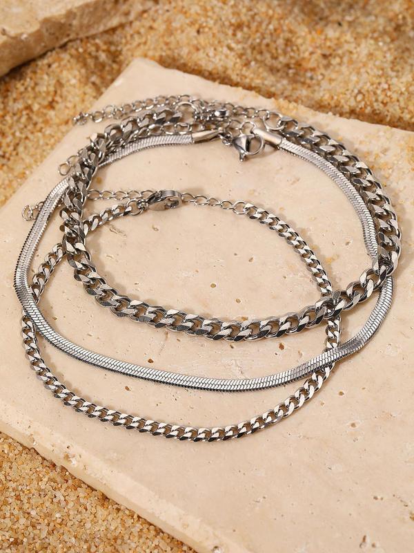 3pcs Simple Plain Stainless Steel Chain Anklet, Fashionable and Personalized for Daily Clothing Decor, Party, Minimalist Aesthetic Jewelry As Gift