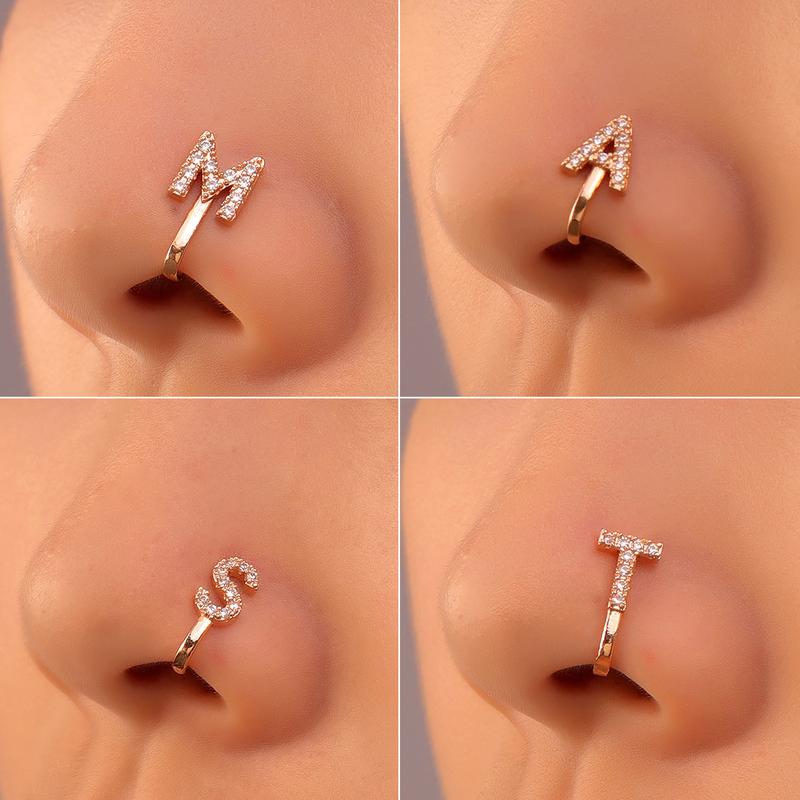 1 Count A-Z LETTER  Design Non-pierced Nose Clip, Rhinestone Inlaid Decorative Nose Ring, Fashionable Personality Accessories for Women and Girls