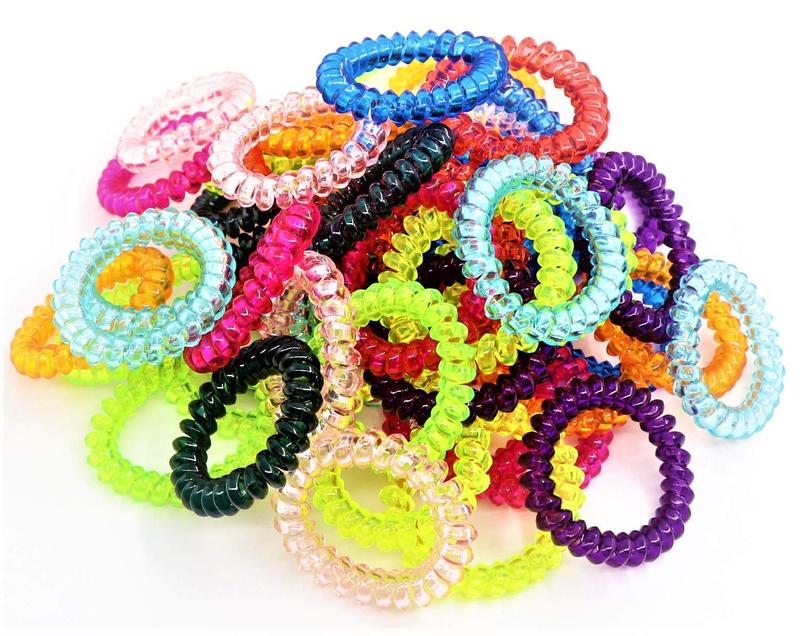 50 count Spiral Hair Ties For Women Phone Cord Ponytail Holders Colorful Hair Coils Plastic Scrunchies Bulk Hair Ties Coil Hair Bands Bracelets For Grils (Crystal10 Colors -Large Size)