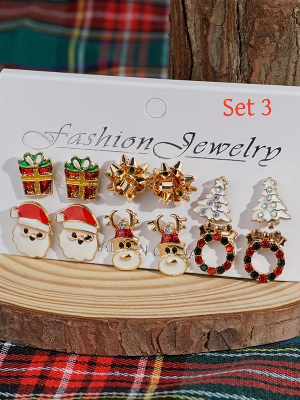 Christmas Themed Earrings Set, Cute Christmas Tree & Santa Claus & Snowman & Gift Box Design Stud Earrings, Fashion Jewelry Accessories for Women & Girls