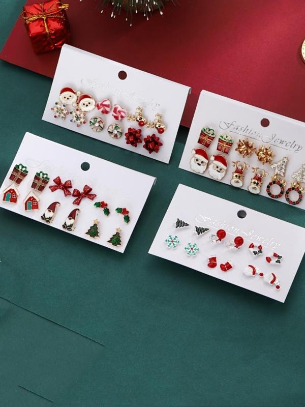 Christmas Themed Earrings Set, Cute Christmas Tree & Santa Claus & Snowman & Gift Box Design Stud Earrings, Fashion Jewelry Accessories for Women & Girls