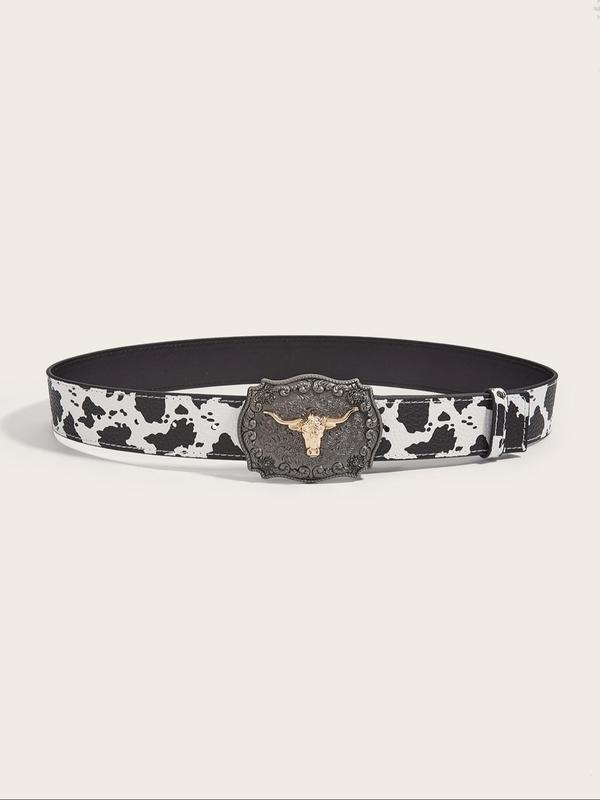 Women's Vintage Cow Head Decor Western Belt, Black and White Cow Pattern Belt for Jeans & Dress, Fashion Accessories for Daily Wear