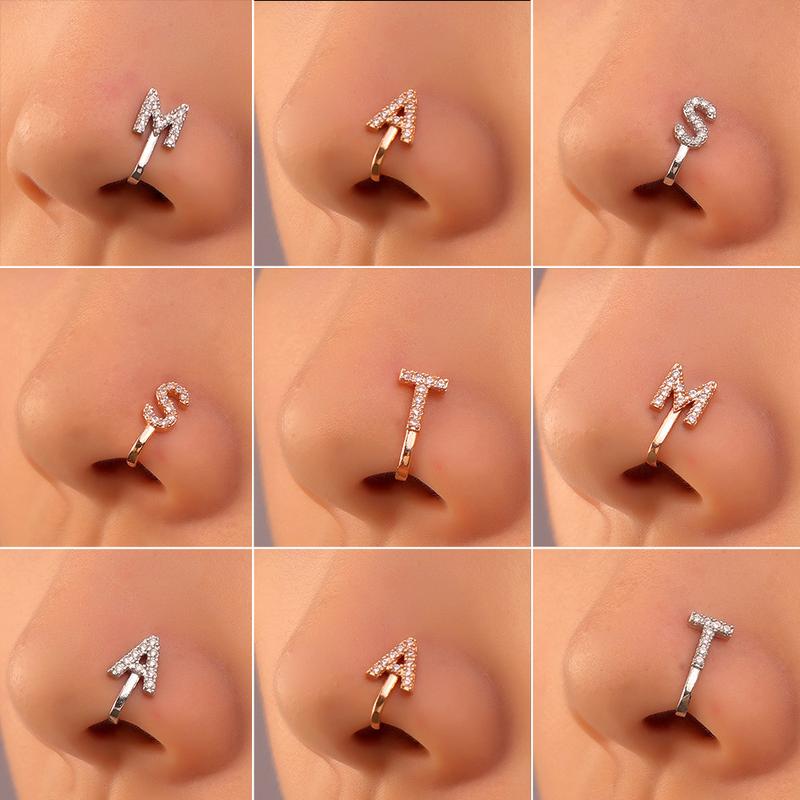 1 Count A-Z LETTER  Design Non-pierced Nose Clip, Rhinestone Inlaid Decorative Nose Ring, Fashionable Personality Accessories for Women and Girls