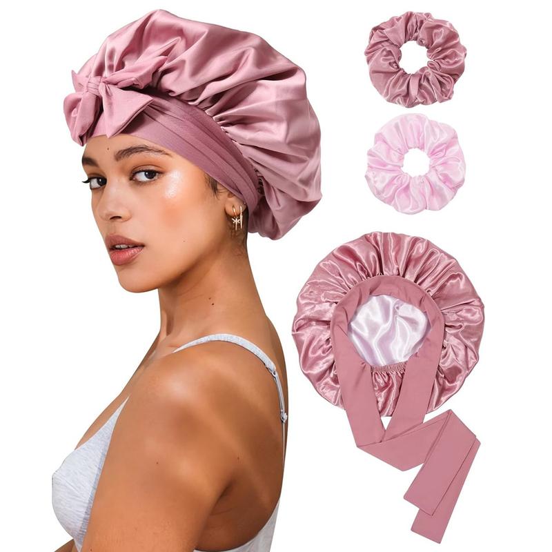 Double Layer Satin Bonnet for Sleeping Cap Women Reversible Hair Bonnets with 2PCS Hair Scrunchies Elastic Tie Band Nightcap Gifts for Women