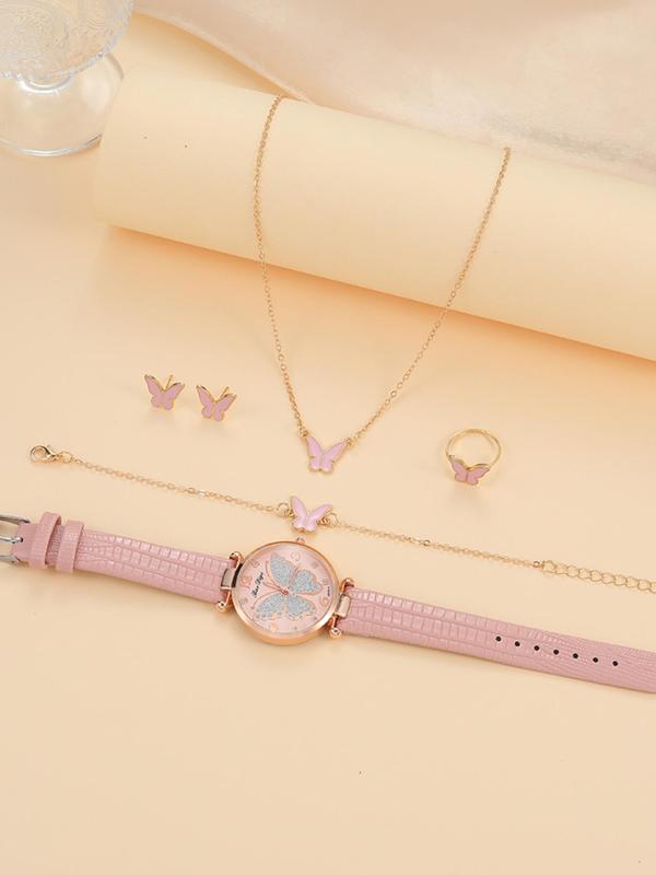 Women's Butterfly Quartz Watch & Jewelry Set, Including Rhinestone Decor Analog Watch & Necklace & Ring & Earrings & Bracelet, Fashion Watch Set As Gift, without Box