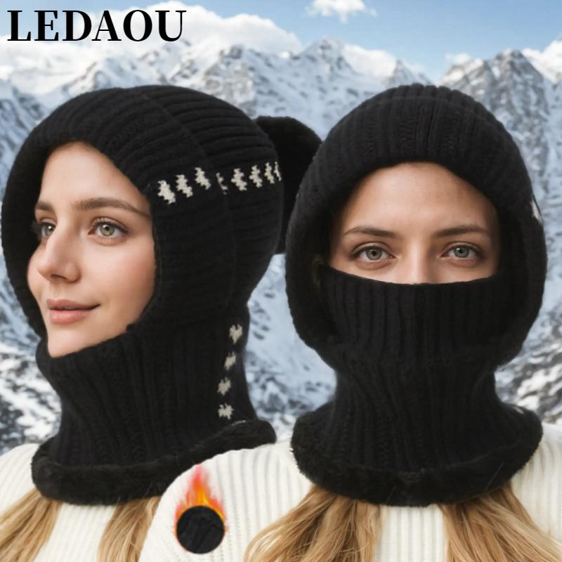 LEDAOU Women One Piece Slouchy Fleece Beanie Hats Scarf Mask Warm Winter Knitted Hat Thick Skull Ski Cap