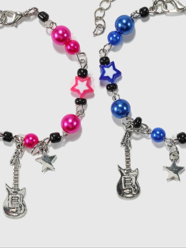 Unisex Cute Guitar & Star Charm Matching Bracelets, Friendship Couple Y2k Colorful Beaded Bracelets for Women Men, Bracelet Kit Summer Jewelry Gift