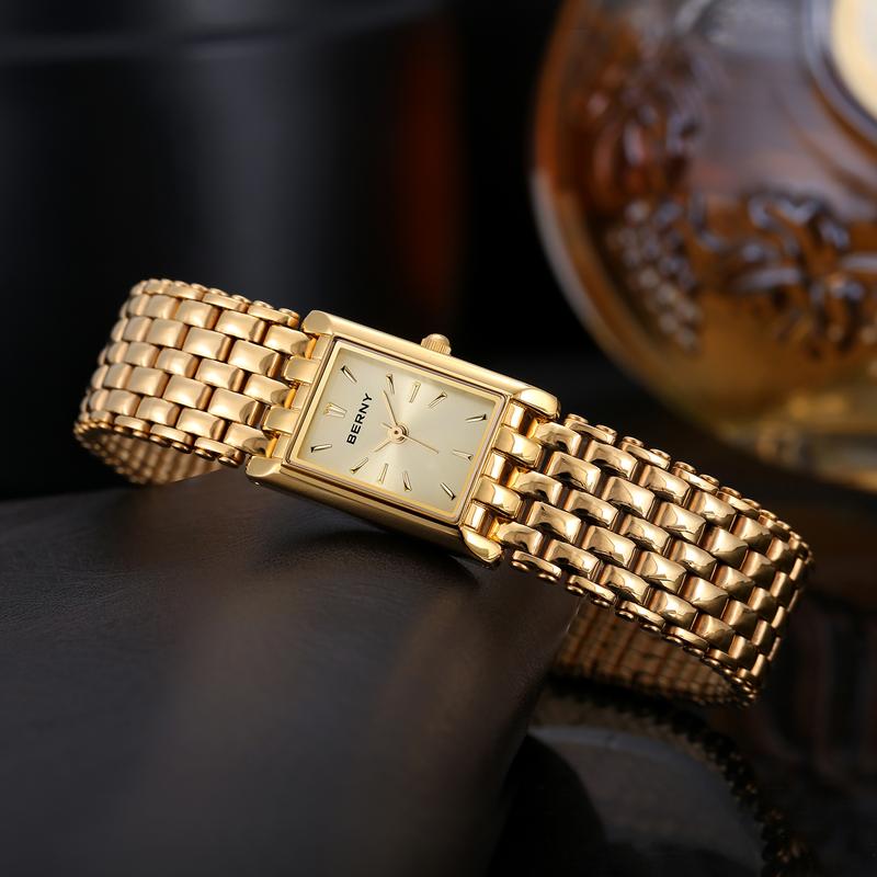 BERNY Gold Watch for Women Vintage Ladies Square Quartz Wristwatch All Stainless Steel High Quality Womens Dainty Tiny Luxury Casual Fashion Waterproof Bracelet Watches