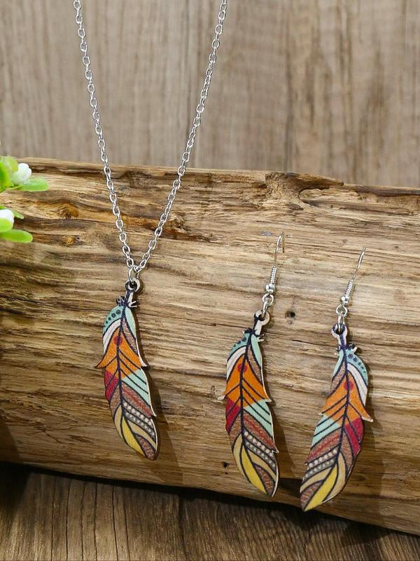 Boho Style Feather Design Pendant Necklace & Dangle Earrings, 3pcs set Colorful Wood Pulp Fiber Jewelry Set for Women and Ggirls, Casual Resort Style Jewelry for Travel and Daily Wear