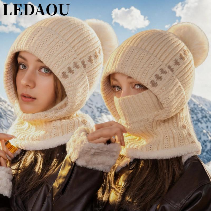 LEDAOU Women One Piece Slouchy Fleece Beanie Hats Scarf Mask Warm Winter Knitted Hat Thick Skull Ski Cap