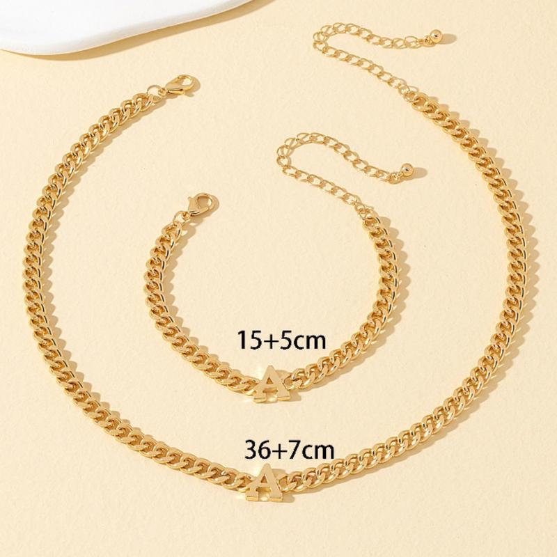 1set Fashion Zinc Alloy Letter Decor Chain Necklace & Chain Bracelet Jewelry Set For Women