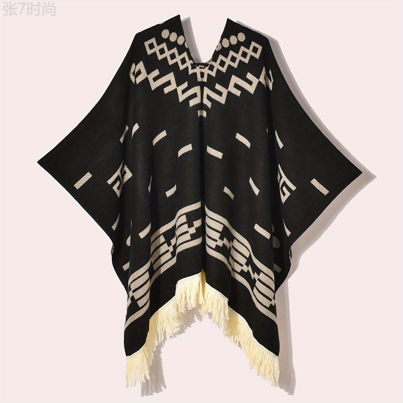 MARRYHAPPY Men's Vintage-Style Warm Poncho - Geometric Pattern, Tassel Detail, Cozy Acrylic Blend Shawl for Outdoor Adventures