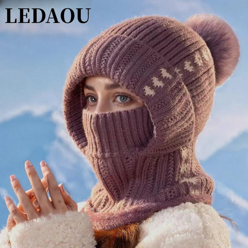 LEDAOU Women One Piece Slouchy Fleece Beanie Hats Scarf Mask Warm Winter Knitted Hat Thick Skull Ski Cap