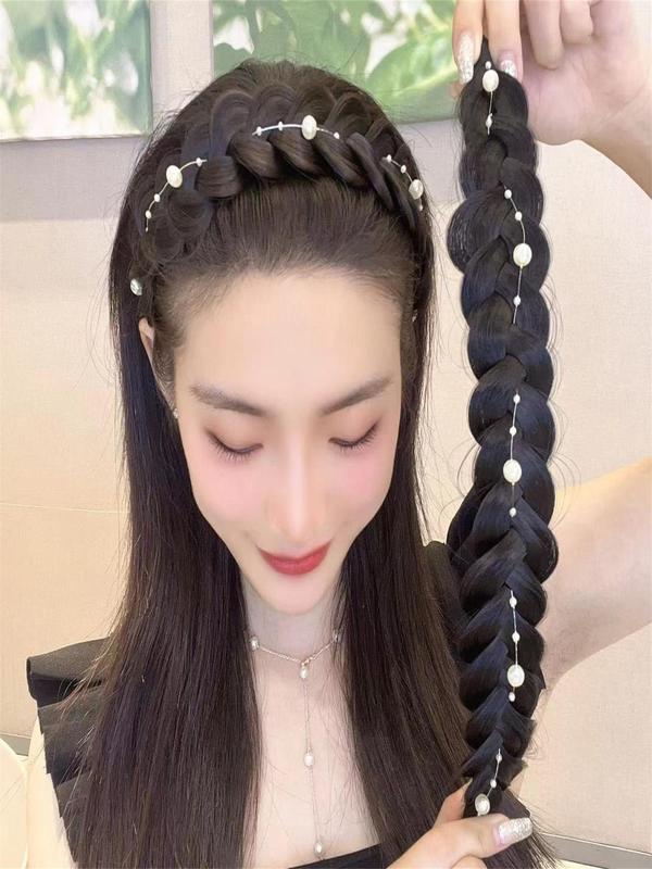 Elegant Faux Pearl Decorated Hair Hoop, Fishbone Braid Fake Hair Decor Hair Hoop for Women & Girls, Fashion Hair Accessories for Party, Daily Hairstyle Decor