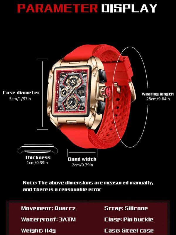 Men's Sporty Square Dial Quartz Watch, Fashionable Wristwatch with Luminous Dial & Waterproof Feature, Trendy Watch for Daily Life