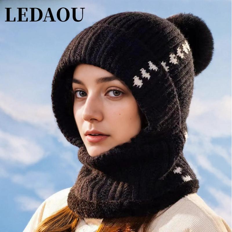 LEDAOU Women One Piece Slouchy Fleece Beanie Hats Scarf Mask Warm Winter Knitted Hat Thick Skull Ski Cap