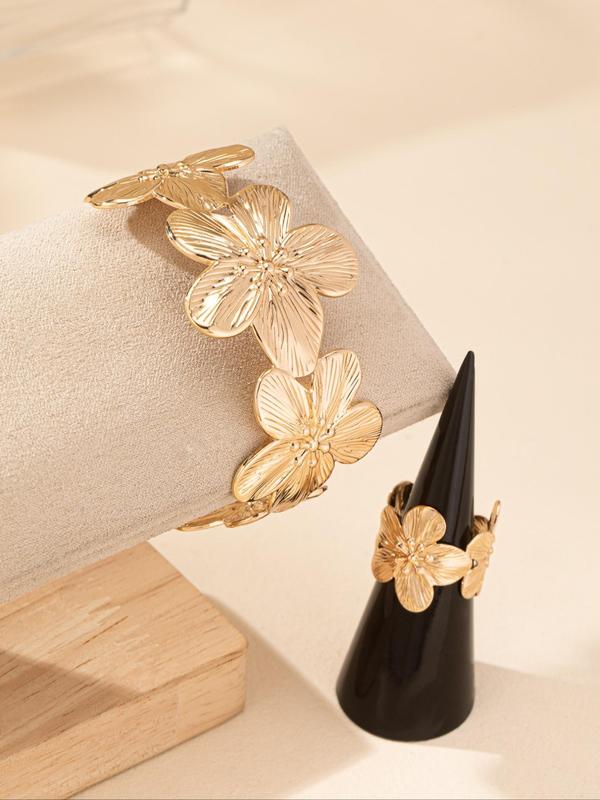 Flower Design Cuff Ring & Cuff Bangle for Women & Girls (2counts), New Fashion Jewelry for Party, Daily Clothing Decor, Exquisite Jewelry for Birthday Gift