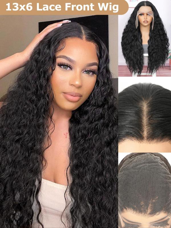 26 Inch Burgundy Water Wave Lace Front Wigs for Women, Gorgeous Fluffy Wigs without Bangs, Synthetic Heat Resistant Lace Front Wigs for Party, Daily Use Glueless